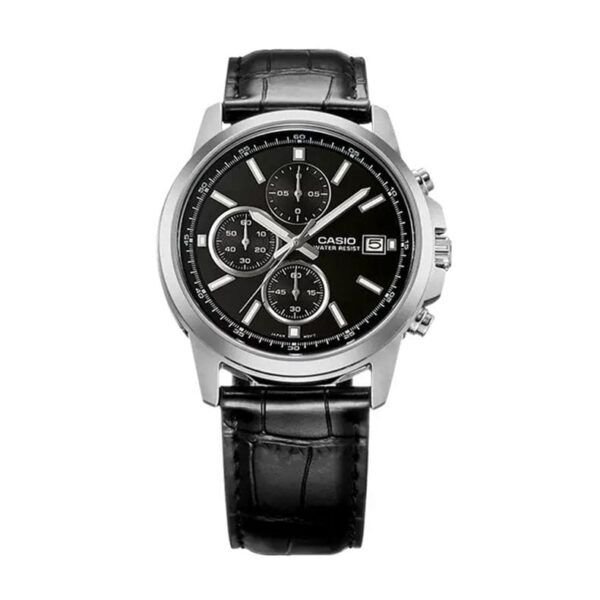 Casio MTH-5001L-1APR Men's Three-Dial Chronograph Watch – Black Leather Strap